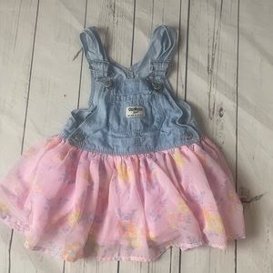 OshKosh B'gosh Denim Vest Back Pink Chiffon Skirt Overalls Dress 24M Girls Baby
